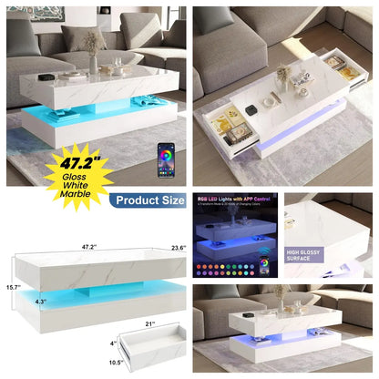LED Coffee Table with 2 Storage Drawers, Modern High Gloss White Coffee Table LED Lights, 2 Tiers Rectangle Center Table for Living Room with Marbling Print