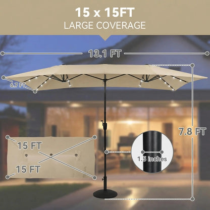 15 FT Large Patio Umbrella with Solar LED Light, Double Sided Rectangle Umbrella with Crank Handle for Patio, Backyard, Garden, Pool, without Base