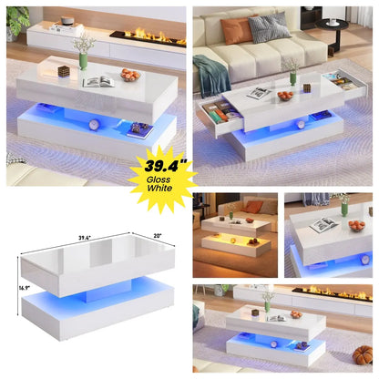 LED Coffee Table with 2 Storage Drawers, Modern High Gloss White Coffee Table LED Lights, 2 Tiers Rectangle Center Table for Living Room with Marbling Print