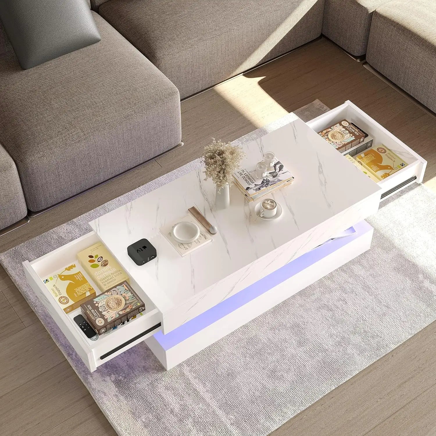 LED Coffee Table with 2 Storage Drawers, Modern High Gloss White Coffee Table LED Lights, 2 Tiers Rectangle Center Table for Living Room with Marbling Print