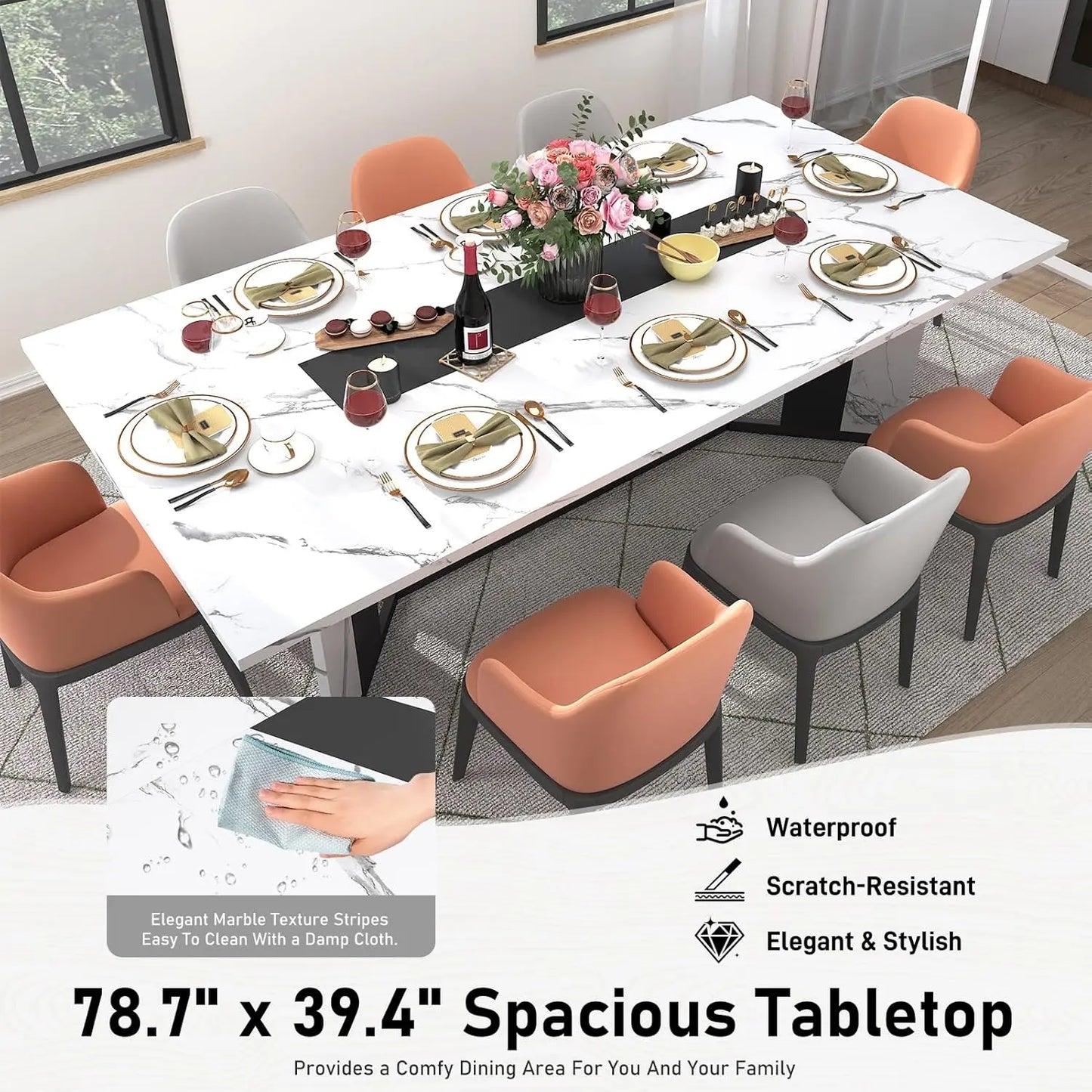94In/78In/71In Large Rectangular Brown Dining Table for 4 5 6 7 8 People W/35 Marble-Color Wood Watrproof Tabletop,Adjustable Leg.6Ft Luxurious Family Dinner Table for Office Kitchen Living Room (Not Included Chair)