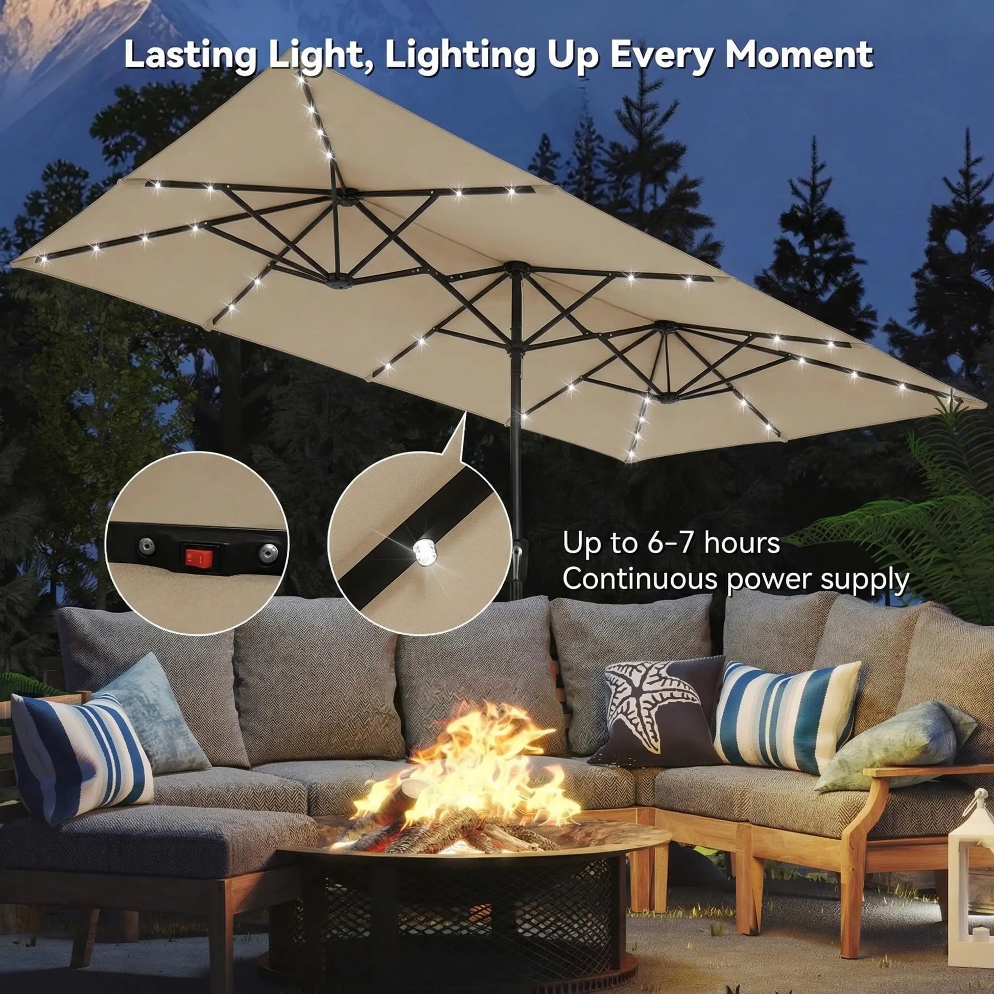 15 FT Large Patio Umbrella with Solar LED Light, Double Sided Rectangle Umbrella with Crank Handle for Patio, Backyard, Garden, Pool, without Base