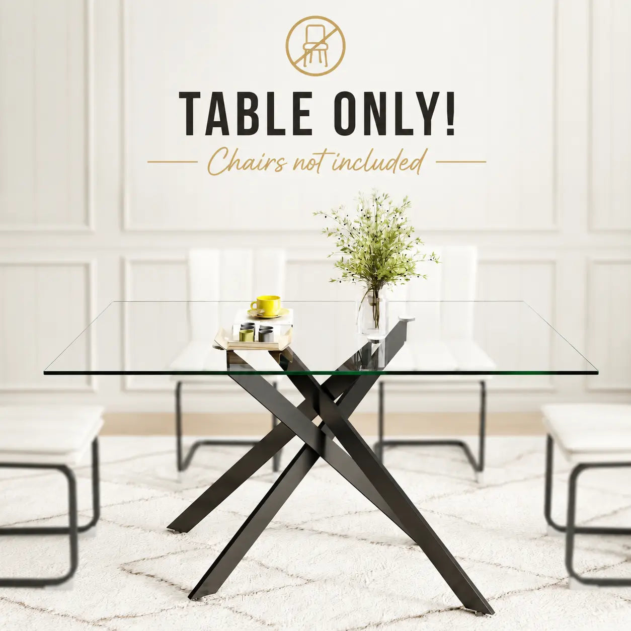 51.18 Inch Rectangular Glass Dining Table for 4-6,Modern Kitchen Table with Golden Metal Legs & Adjustable Feets,Easy Assembly Dinner Table Support 320 Lbs,Dining Table Set of 4,Stylish Durable Design for Dining Room,Apartment Furniture （Only Table）