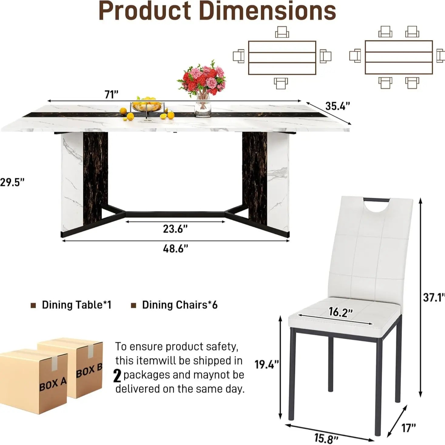 94In/78In/71In Large Rectangular Brown Dining Table for 4 5 6 7 8 People W/35 Marble-Color Wood Watrproof Tabletop,Adjustable Leg.6Ft Luxurious Family Dinner Table for Office Kitchen Living Room (Not Included Chair)