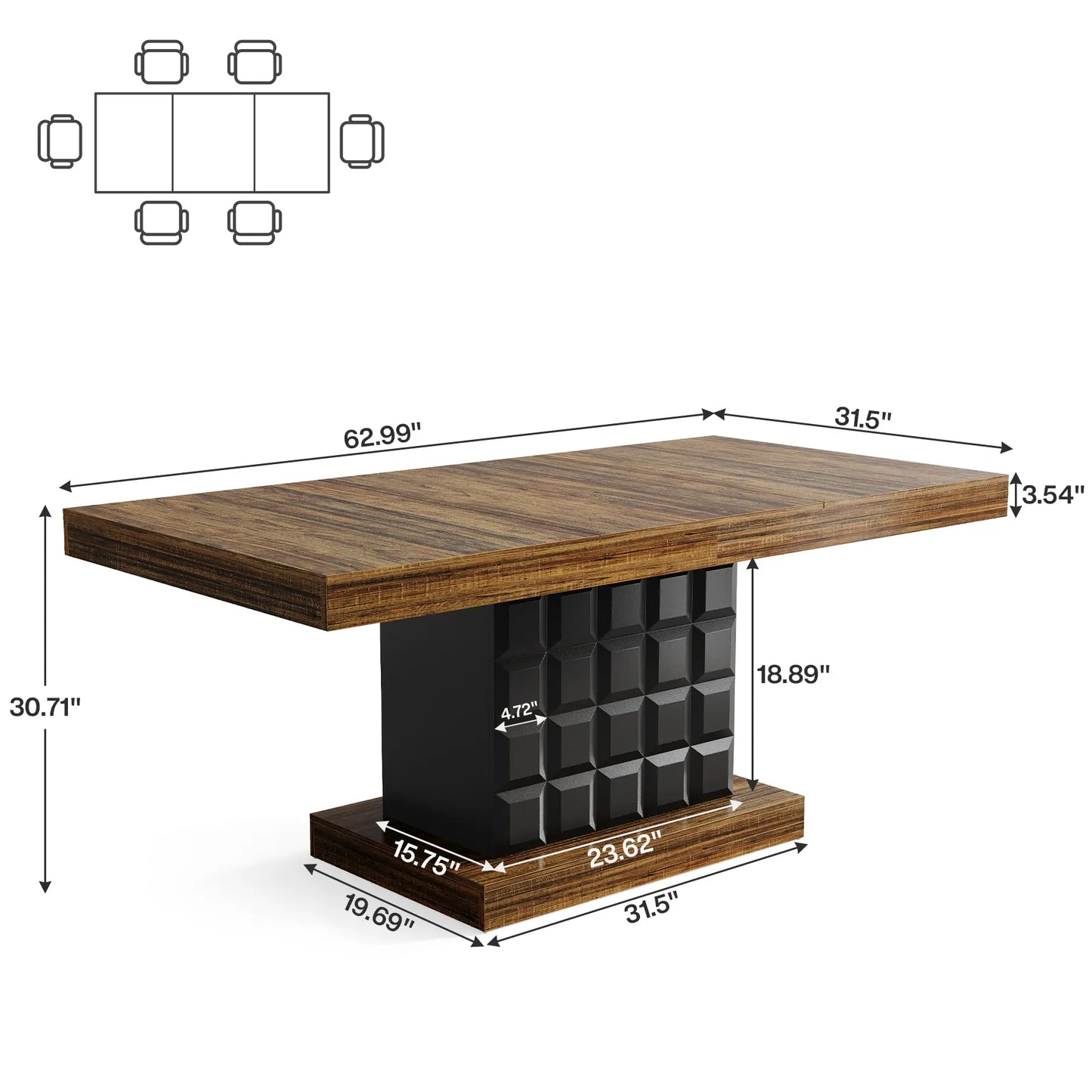 LITTLE TREE 63'' Dining Table for 4-6, Farmhouse Wooden Rectangular Dinner Table with Geometric Relief, Pedestal Base