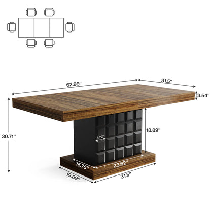 LITTLE TREE 63'' Dining Table for 4-6, Farmhouse Wooden Rectangular Dinner Table with Geometric Relief, Pedestal Base