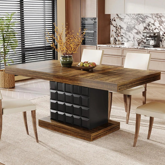 LITTLE TREE 63'' Dining Table for 4-6, Farmhouse Wooden Rectangular Dinner Table with Geometric Relief, Pedestal Base