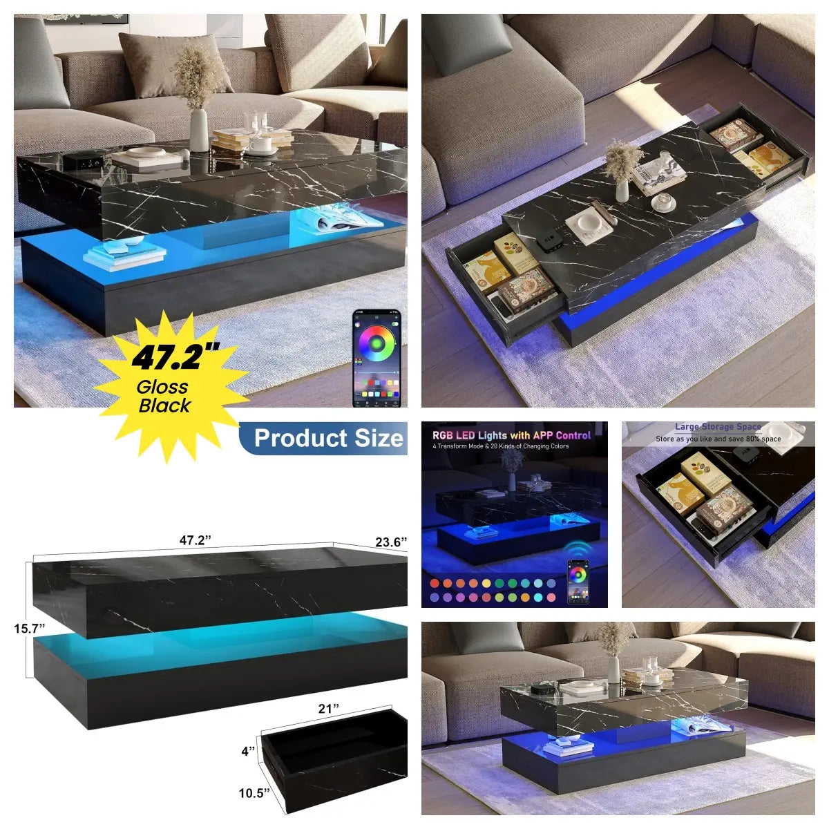LED Coffee Table with 2 Storage Drawers, Modern High Gloss White Coffee Table LED Lights, 2 Tiers Rectangle Center Table for Living Room with Marbling Print
