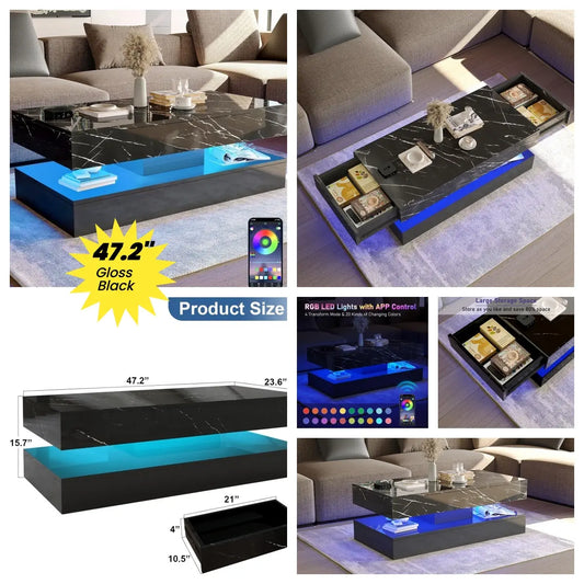 LED Coffee Table with 2 Storage Drawers, Modern High Gloss White Coffee Table LED Lights, 2 Tiers Rectangle Center Table for Living Room with Marbling Print