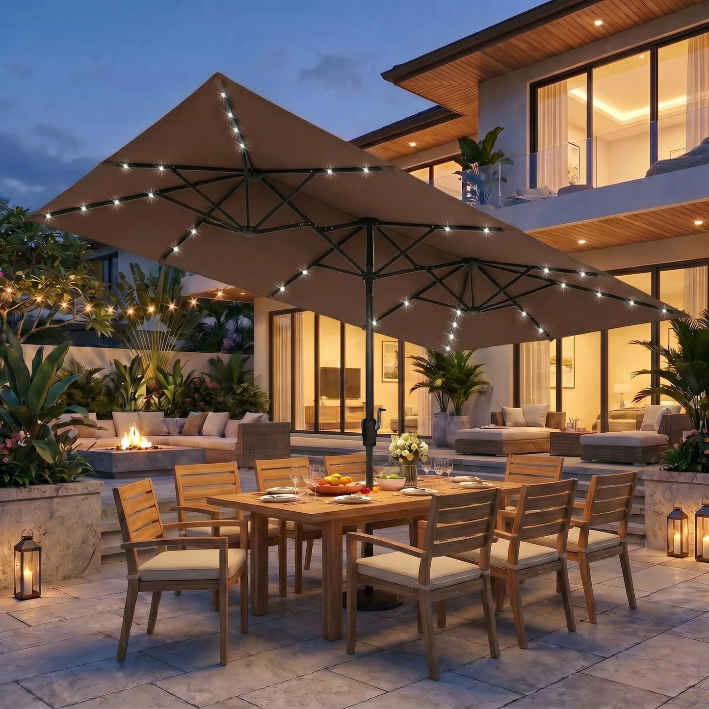 15 FT Large Patio Umbrella with Solar LED Light, Double Sided Rectangle Umbrella with Crank Handle for Patio, Backyard, Garden, Pool, without Base