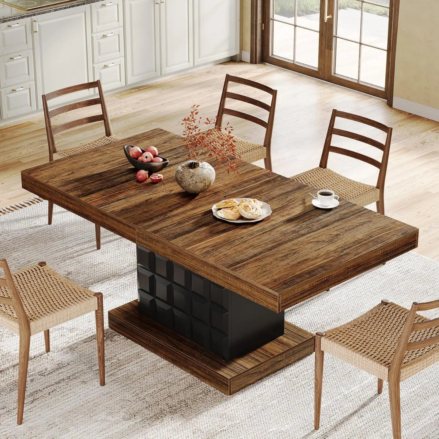 LITTLE TREE 63'' Dining Table for 4-6, Farmhouse Wooden Rectangular Dinner Table with Geometric Relief, Pedestal Base
