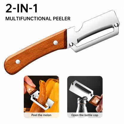 2 PCS Wood Handle Multifunction Kitchen Peeler – Peel, Slice, Scrape & Bottle Opener Tool
