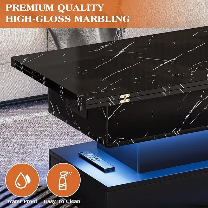 LED Lift Top Coffee Table with Charging Station, Modern High Glossy Coffee Table with LED Light, 3 in 1 Multifunctional Coffee Table with Storage & Hidden Compartments for Living Room,Furniture Marble Tabletop Adjustable Coffee Table