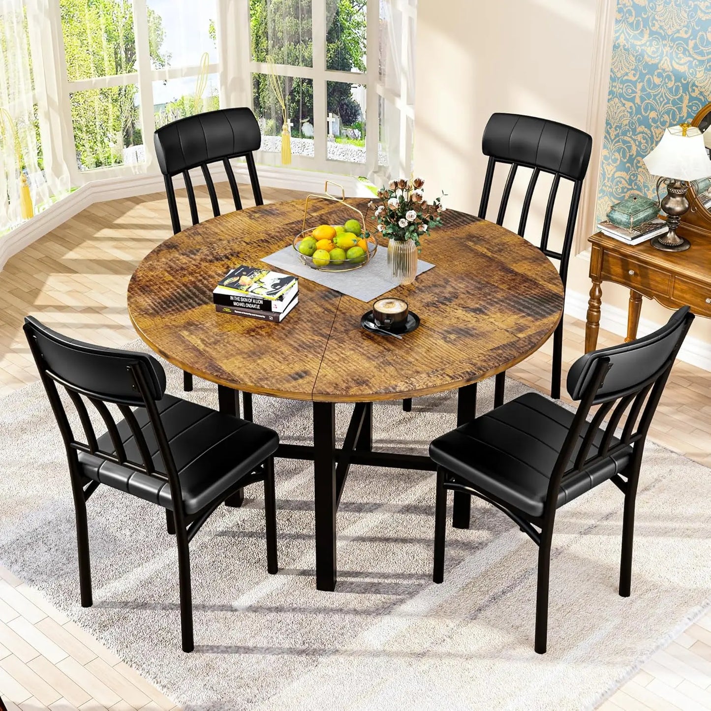 AWQM round Dining Table Set for 4,Faux Marble Circle Dining Table Set with Chairs,Modern Kitchen Table and Chairs Set for 4,Round Dinner Table & Chair Set for Small Space,White