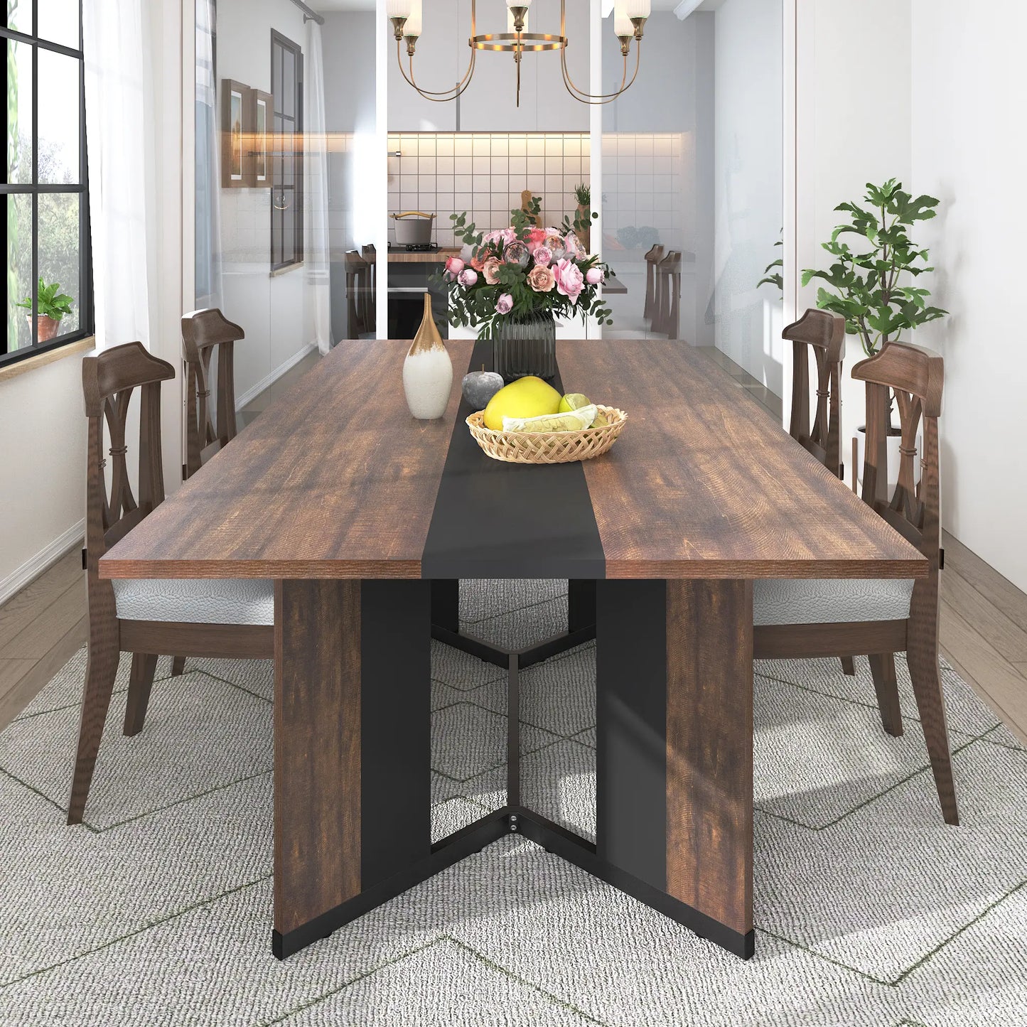 94In/78In/71In Large Rectangular Brown Dining Table for 4 5 6 7 8 People W/35 Marble-Color Wood Watrproof Tabletop,Adjustable Leg.6Ft Luxurious Family Dinner Table for Office Kitchen Living Room (Not Included Chair)