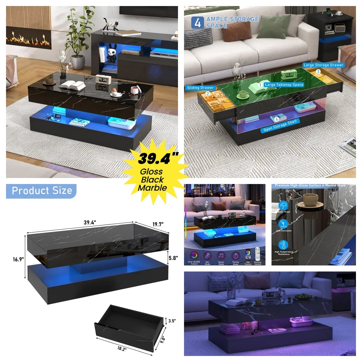 LED Coffee Table with 2 Storage Drawers, Modern High Gloss White Coffee Table LED Lights, 2 Tiers Rectangle Center Table for Living Room with Marbling Print
