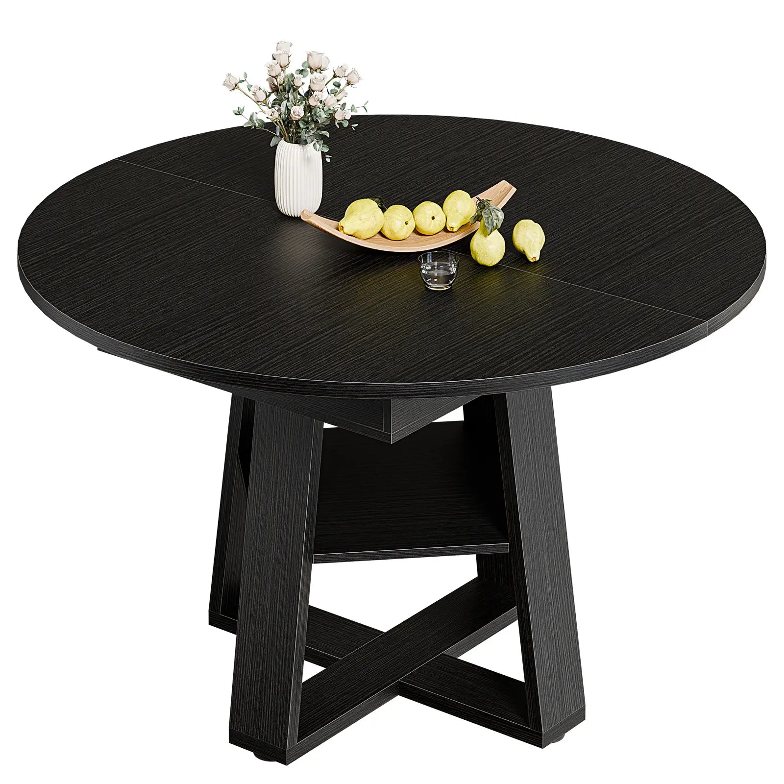 Extendable round Dining Table for 4-6, Modern Kitchen Oval Dinner Table with Storage Shelf, Wood Pedestal Table, Space Saving Modern Style