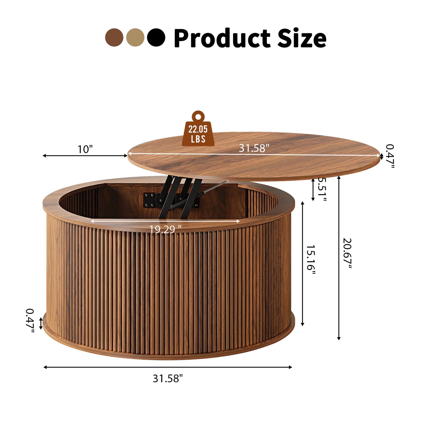 Giratree 31.58" round Coffee Table, Lift Top Coffee Table with Storage, Farmhouse Fluted Center Table Circle Dining Table for Living Room, Reception Room, Home Office