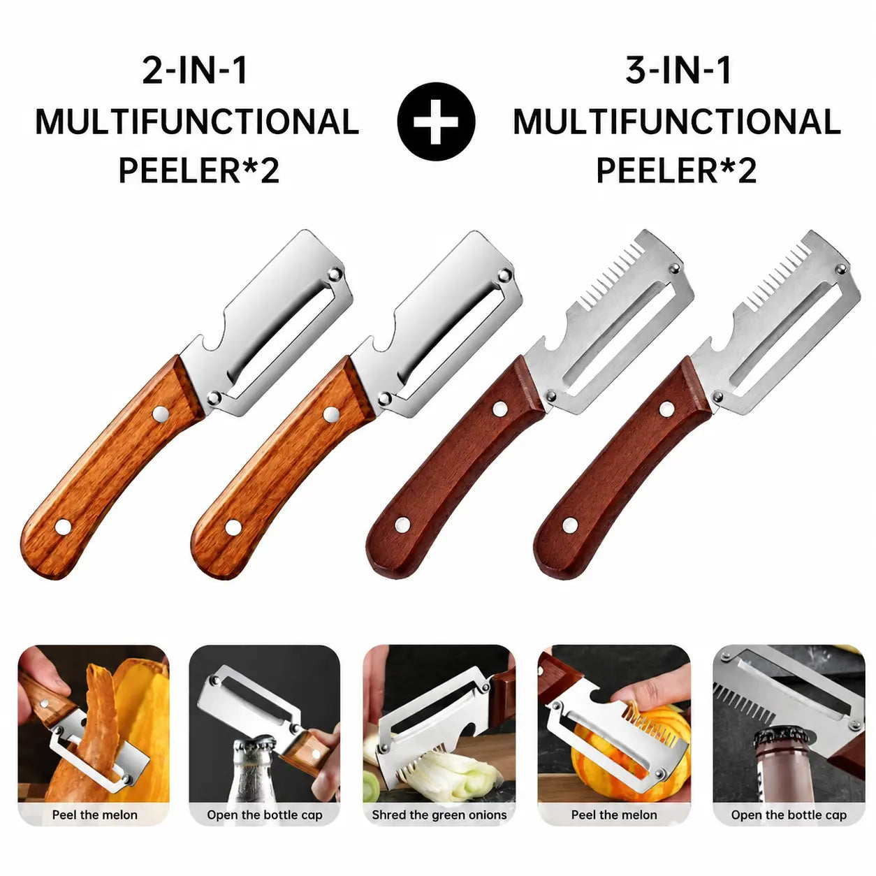 2 PCS Wood Handle Multifunction Kitchen Peeler – Peel, Slice, Scrape & Bottle Opener Tool