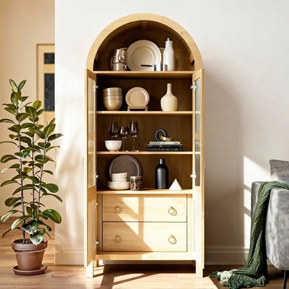 High Arched Modern Curio Cabinet with Two Drawers – 4-Tier Storage & Display Bookcase with Glass Doors for Living Room