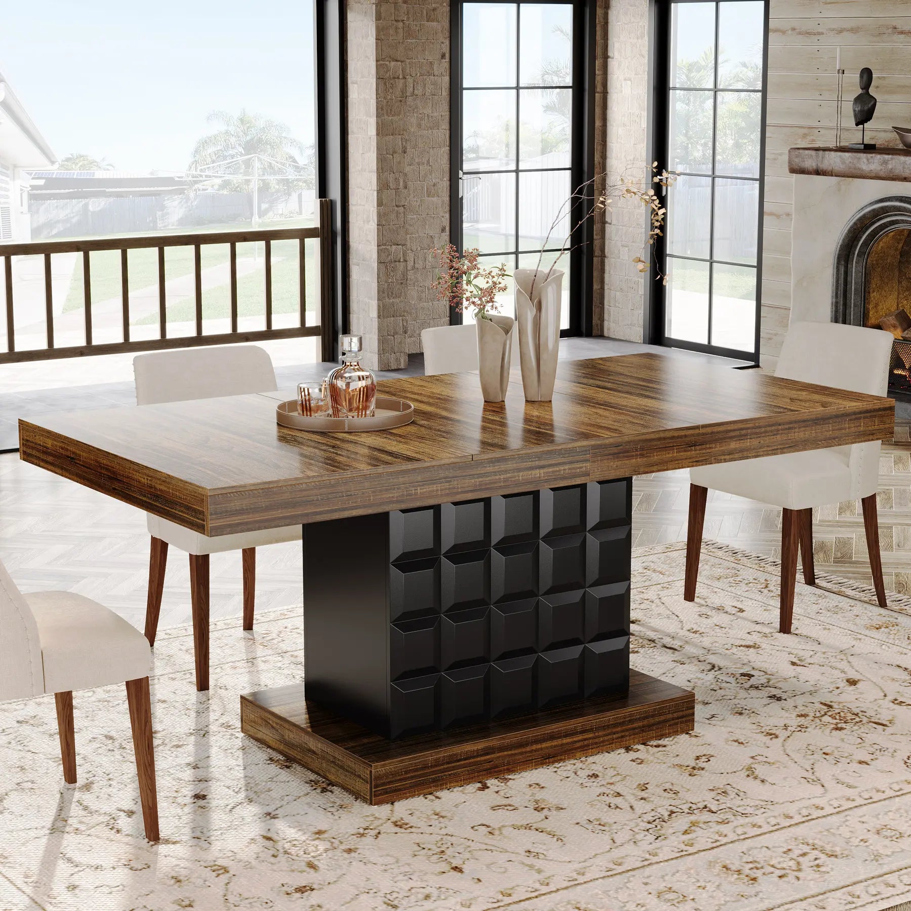 LITTLE TREE 63'' Dining Table for 4-6, Farmhouse Wooden Rectangular Dinner Table with Geometric Relief, Pedestal Base
