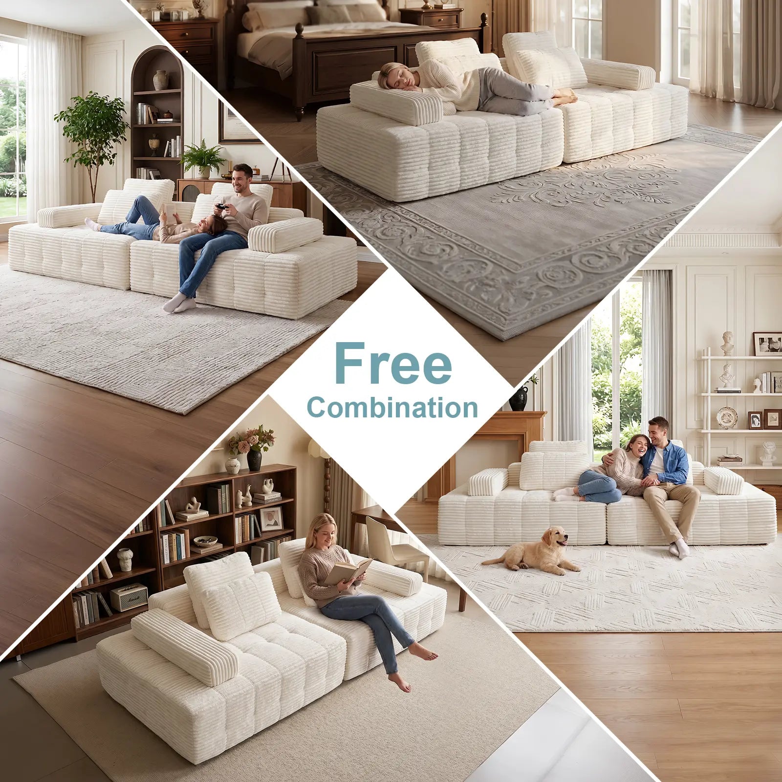 【2 Packages Shipping】Oversized Corduroy Cloud Modular Sectional Sofa, Vacuum Compressed Pet Friendly Boneless Cloud Couch, Cozy Comfy Loveseat Sofa, Ideal for Living Room & Small Apartment, Free Gifts Included, Summer Vibe Home Furniture