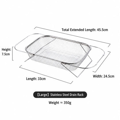 Stainless Steel Over-The-Sink Colander Strainer Basket, Expandable Rectangle Fine Mesh Kitchen Utensils with Handles, Silver Kitchen Essential