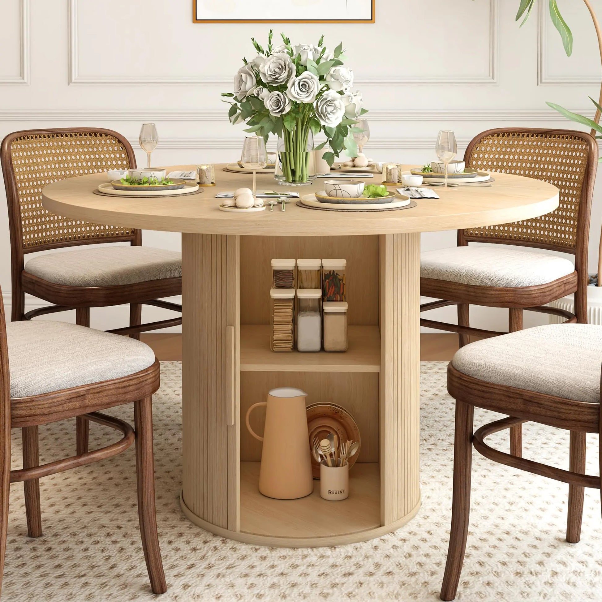 Giratree 47 Inch round Dining Table for 4, Kitchen Table Dinner Table with 2-Layer Storage Shelf and Wood Slide Door for Home Dining Room Living Room