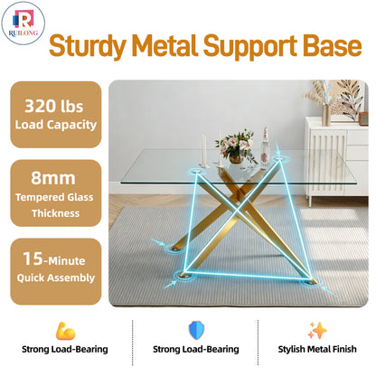 51.18 Inch Rectangular Glass Dining Table for 4-6,Modern Kitchen Table with Golden Metal Legs & Adjustable Feets,Easy Assembly Dinner Table Support 320 Lbs,Dining Table Set of 4,Stylish Durable Design for Dining Room,Apartment Furniture （Only Table）