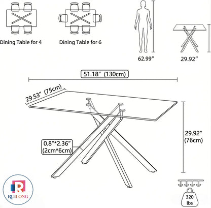 51.18 Inch Rectangular Glass Dining Table for 4-6,Modern Kitchen Table with Golden Metal Legs & Adjustable Feets,Easy Assembly Dinner Table Support 320 Lbs,Dining Table Set of 4,Stylish Durable Design for Dining Room,Apartment Furniture （Only Table）