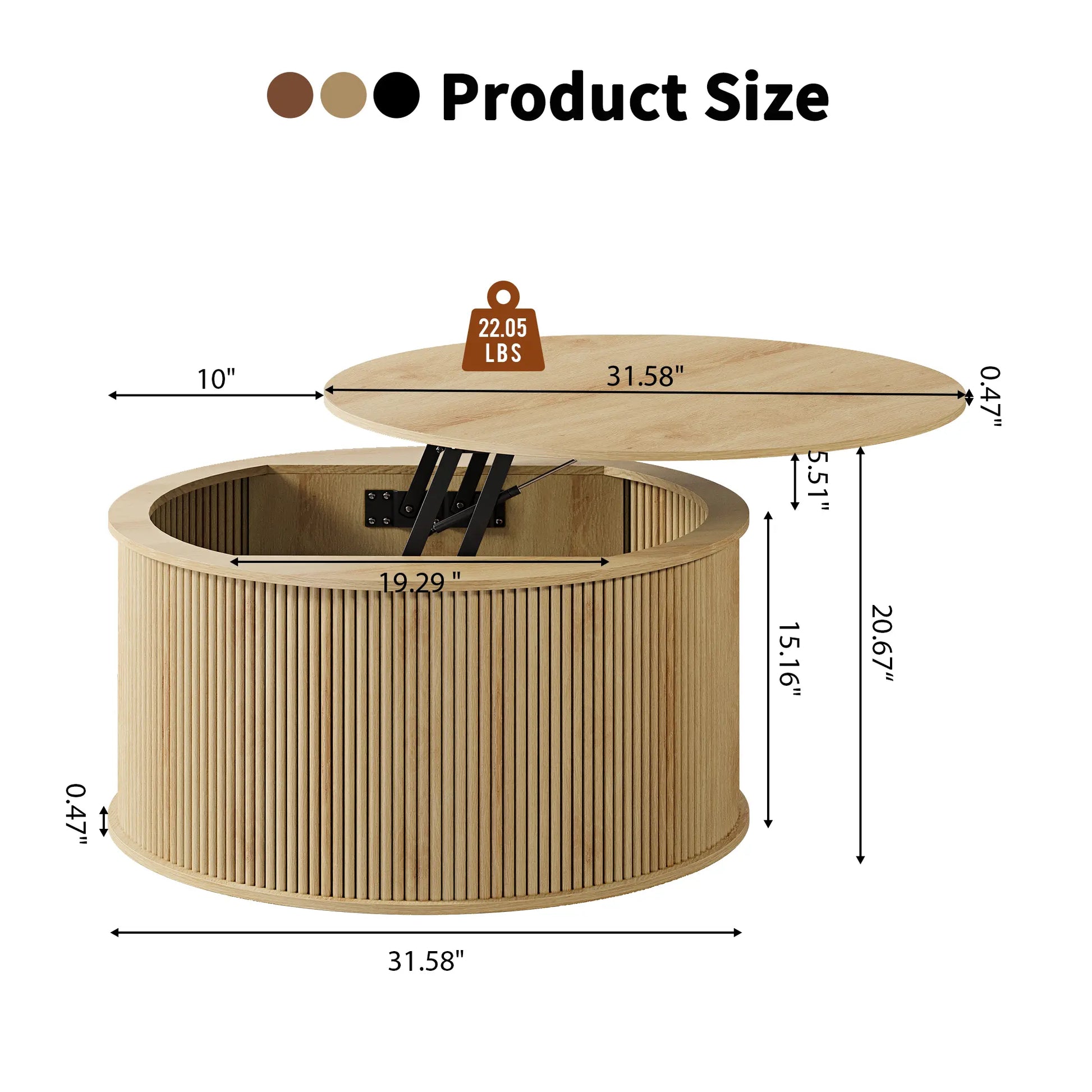 Giratree 31.58" round Coffee Table, Lift Top Coffee Table with Storage, Farmhouse Fluted Center Table Circle Dining Table for Living Room, Reception Room, Home Office