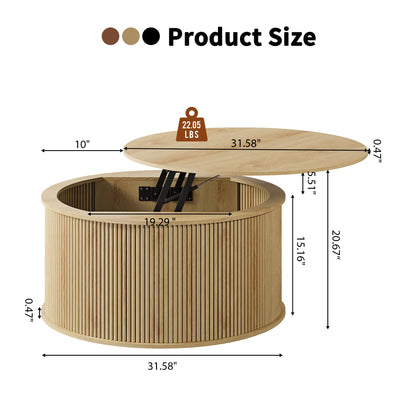 Giratree 31.58" round Coffee Table, Lift Top Coffee Table with Storage, Farmhouse Fluted Center Table Circle Dining Table for Living Room, Reception Room, Home Office
