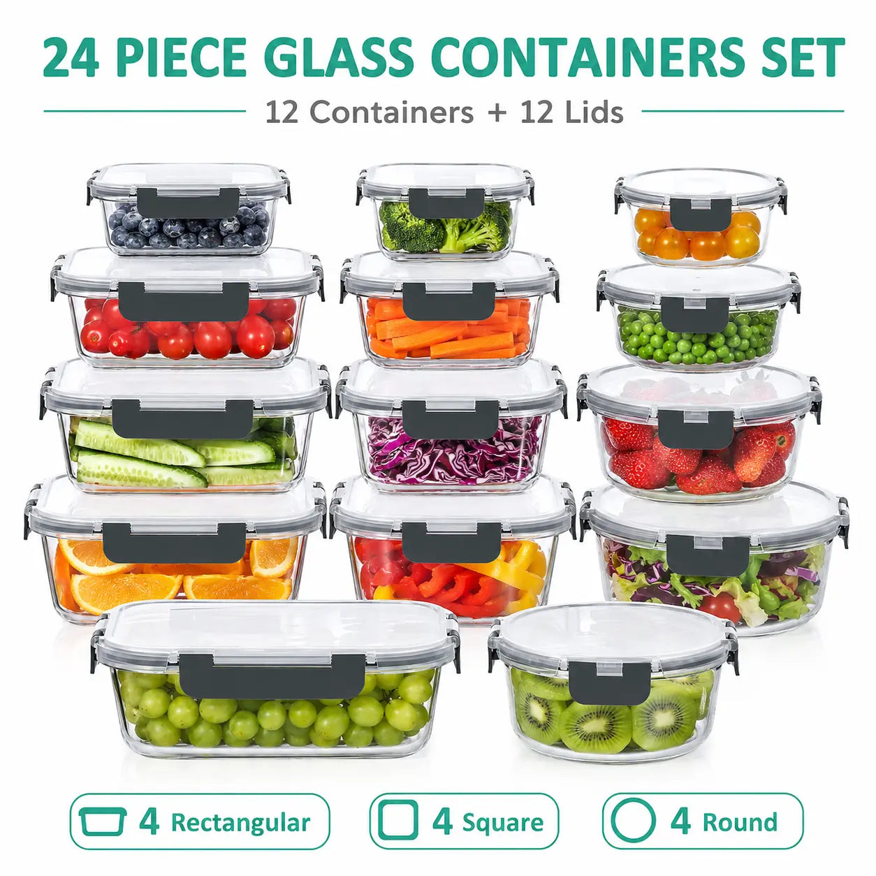 AISOON 24-Piece High Borosilicate Glass Food Storage Containers with Lids - 12-Pack Airtight Leakproof Kitchen Household Products, Bpa-Free, Microwave, Oven, Freezer & Dishwasher Safe (Black)