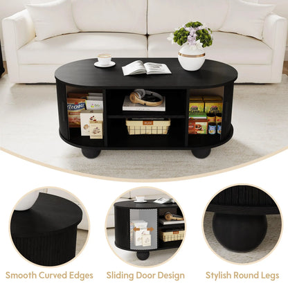 Giratree Oval Coffee Table, Mid-Century Modern Coffee Table with Storage & Sliding Doors, Fluted Coffee Table Center Table for Living Room, Dining Room, Apartment, Home Office