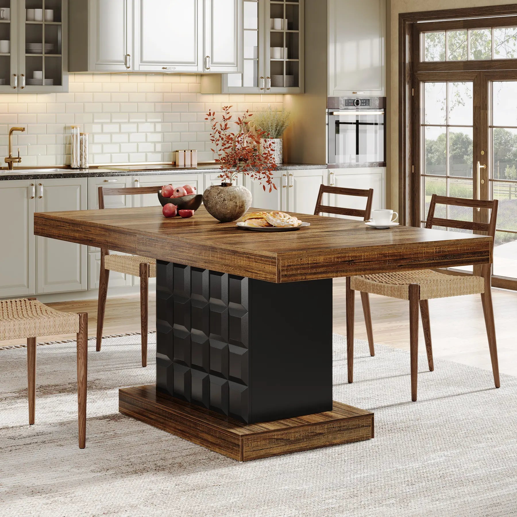 LITTLE TREE 63'' Dining Table for 4-6, Farmhouse Wooden Rectangular Dinner Table with Geometric Relief, Pedestal Base