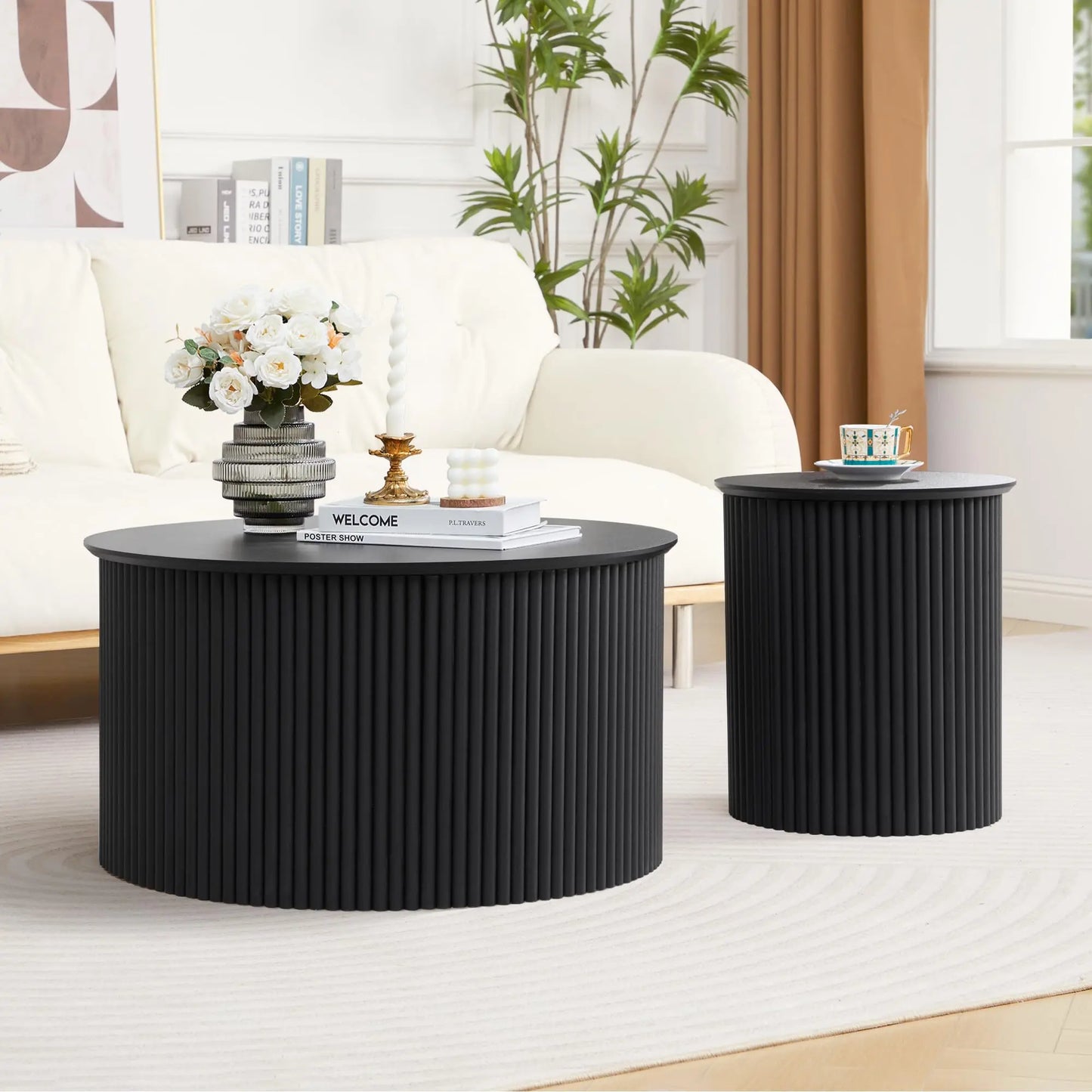 Giratree Fluted round Nesting Coffee Table Set of 2, Mid Century Modern Wood Coffee Tables and End Table Set, Circle Side Table Minimalist Center Tables for Living Room, Office