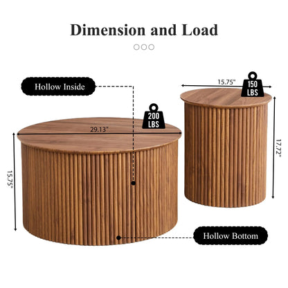 Giratree Fluted round Nesting Coffee Table Set of 2, Mid Century Modern Wood Coffee Tables and End Table Set, Circle Side Table Minimalist Center Tables for Living Room, Office