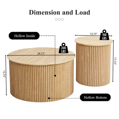 Giratree Fluted round Nesting Coffee Table Set of 2, Mid Century Modern Wood Coffee Tables and End Table Set, Circle Side Table Minimalist Center Tables for Living Room, Office