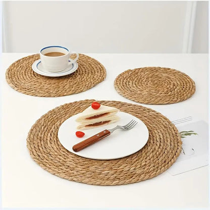 Round Rattan Placemat, 6 Counts Boho Style Woven Placemat, Heat Resistant Weave Placemat, Wicker Table Mat for Dining Table, Home Kitchen Dinner Room, Wedding Decor