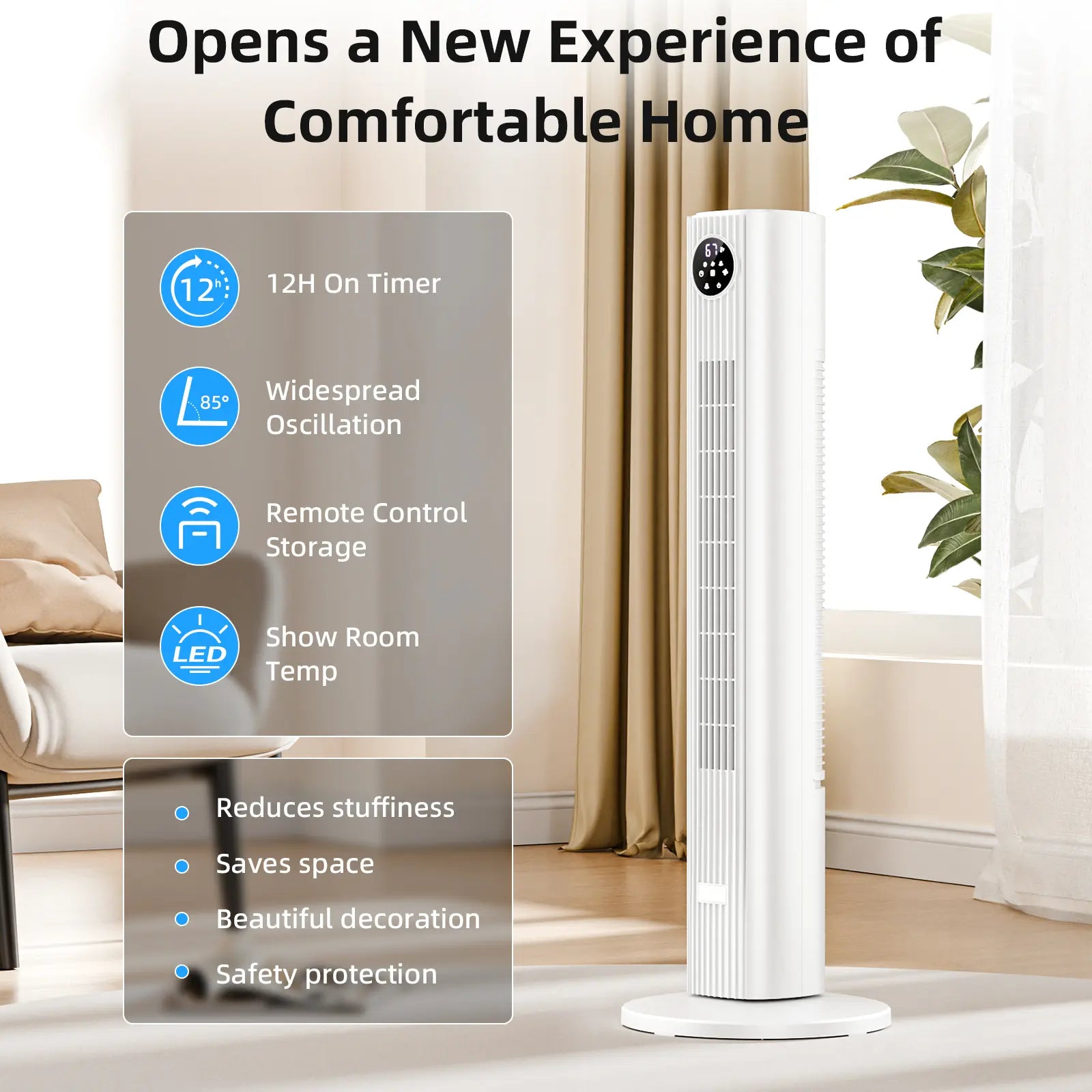 【Not Air Conditioner】Antarctic Star Tower Fan Portable Electric 85° Oscillating Fan with Remote Control, Quiet Operation, 3 Speed Settings & 12H Timer, Bladeless Standing Floor Fan for Bedroom & Office