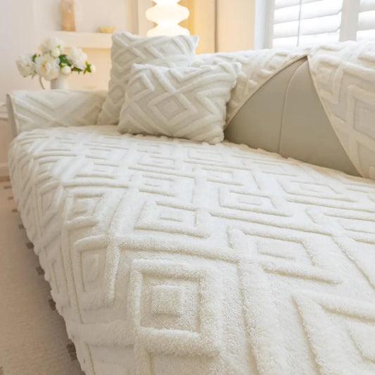 Solid Color Geometric Pattern Sofa Cover, Sofa Slipcover, 1 Count Non-Slip Soft Sofa Mat for Home Living Room, Bedroom Accessories