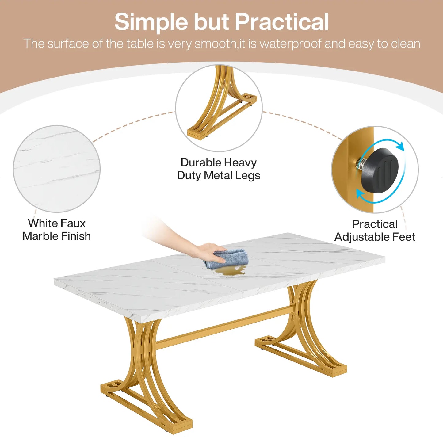 Tribesigns 63-Inch Rectangular Dining Table for 4 to 6, Modern Kitchen Table with Stylish Metal Trestle Legs, Large Dinner Table for Dining Room, Chair Not Included (White+Gold)