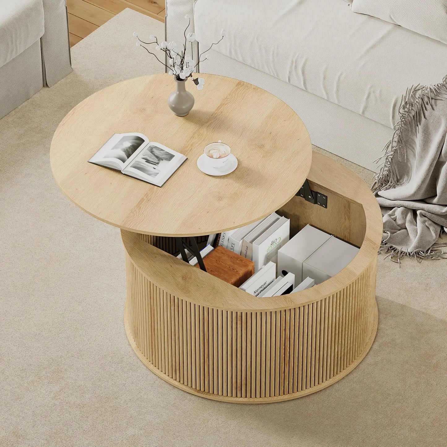 Giratree 31.58" round Coffee Table, Lift Top Coffee Table with Storage, Farmhouse Fluted Center Table Circle Dining Table for Living Room, Reception Room, Home Office