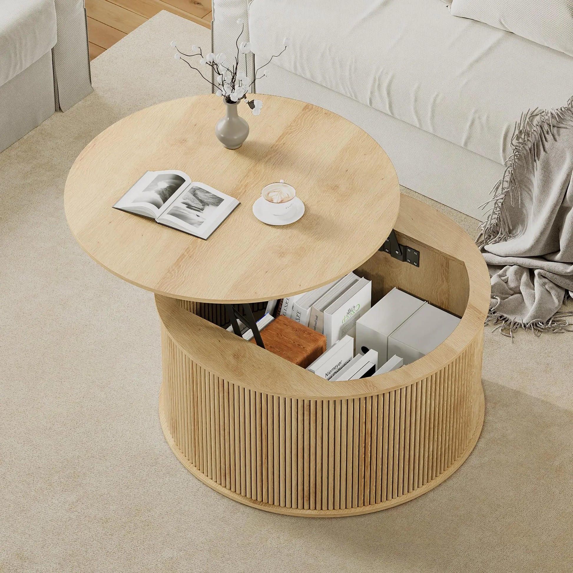Giratree 31.58" round Coffee Table, Lift Top Coffee Table with Storage, Farmhouse Fluted Center Table Circle Dining Table for Living Room, Reception Room, Home Office