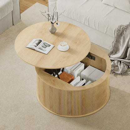 Giratree 31.58" round Coffee Table, Lift Top Coffee Table with Storage, Farmhouse Fluted Center Table Circle Dining Table for Living Room, Reception Room, Home Office