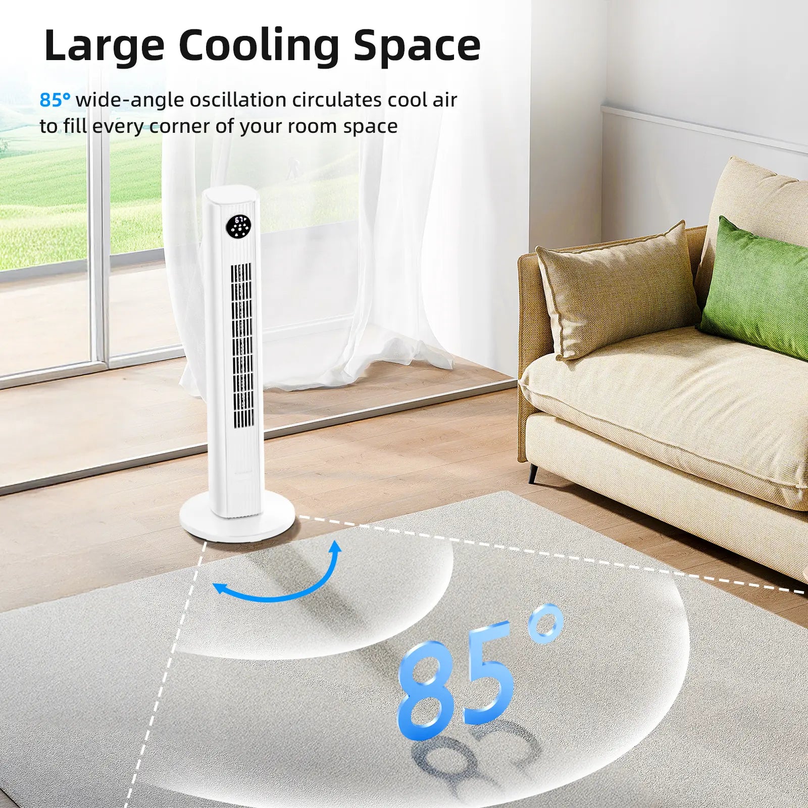 【Not Air Conditioner】Antarctic Star Tower Fan Portable Electric 85° Oscillating Fan with Remote Control, Quiet Operation, 3 Speed Settings & 12H Timer, Bladeless Standing Floor Fan for Bedroom & Office
