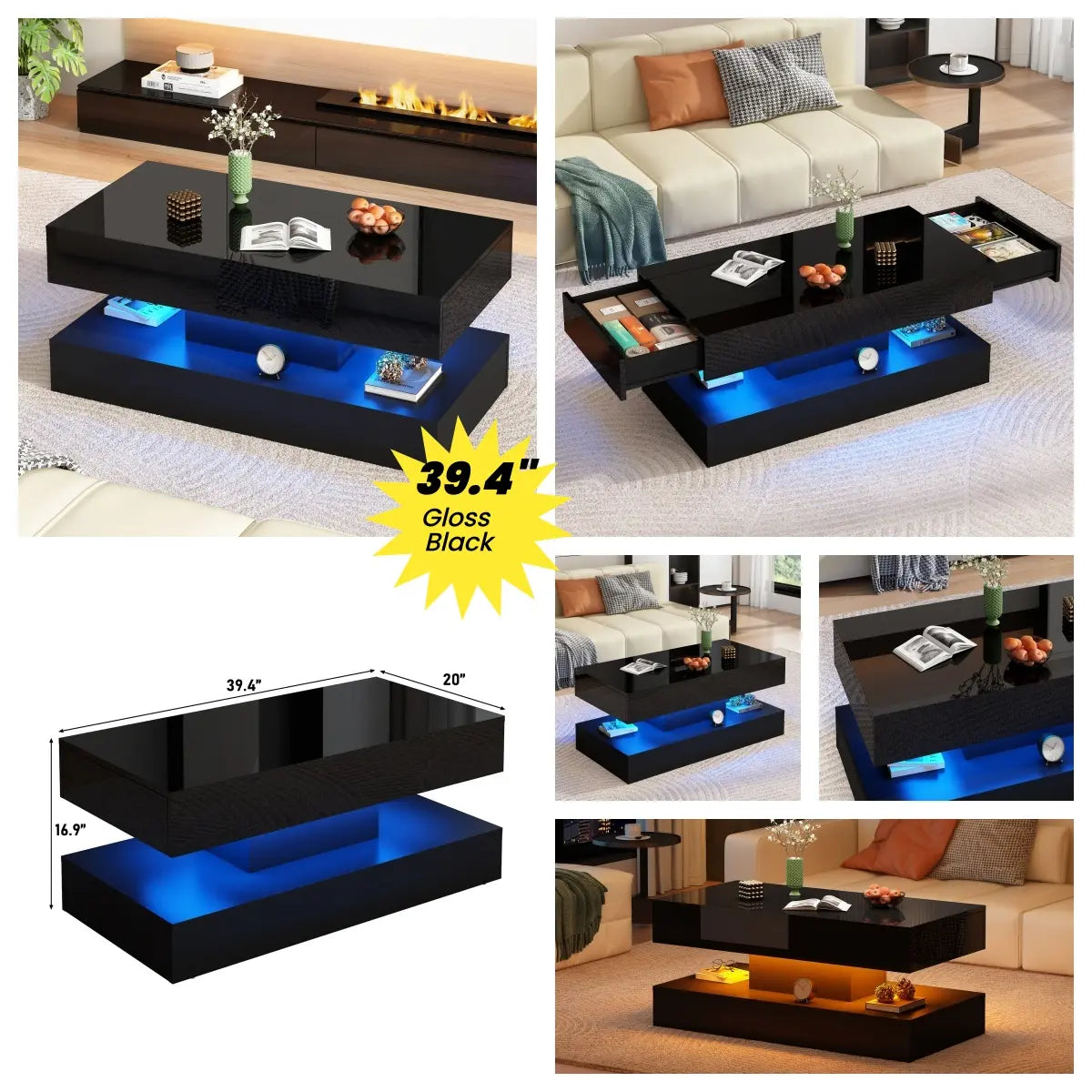 LED Coffee Table with 2 Storage Drawers, Modern High Gloss White Coffee Table LED Lights, 2 Tiers Rectangle Center Table for Living Room with Marbling Print