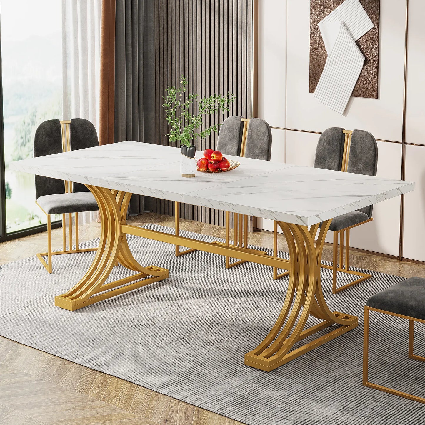 Tribesigns 63-Inch Rectangular Dining Table for 4 to 6, Modern Kitchen Table with Stylish Metal Trestle Legs, Large Dinner Table for Dining Room, Chair Not Included (White+Gold)