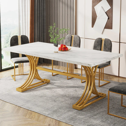 Tribesigns 63-Inch Rectangular Dining Table for 4 to 6, Modern Kitchen Table with Stylish Metal Trestle Legs, Large Dinner Table for Dining Room, Chair Not Included (White+Gold)