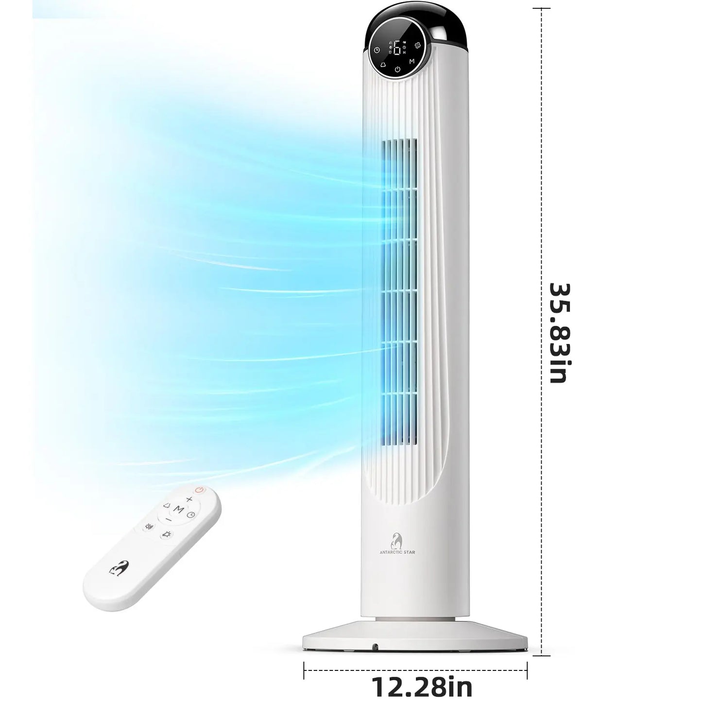 【Not Air Conditioner】Antarctic Star Tower Fan Portable Electric 85° Oscillating Fan with Remote Control, Quiet Operation, 3 Speed Settings & 12H Timer, Bladeless Standing Floor Fan for Bedroom & Office
